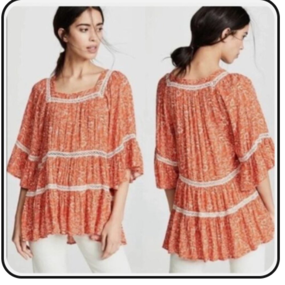 Free People Orange Printed Boho Tiered Tunic